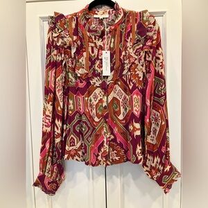 Vibrant Patterned Blouse with Ruffle Details
